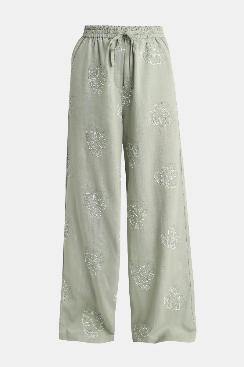 بنطلون نسائي واسع الأرجل انسيابي مع تطريز من الأمام - Image 9