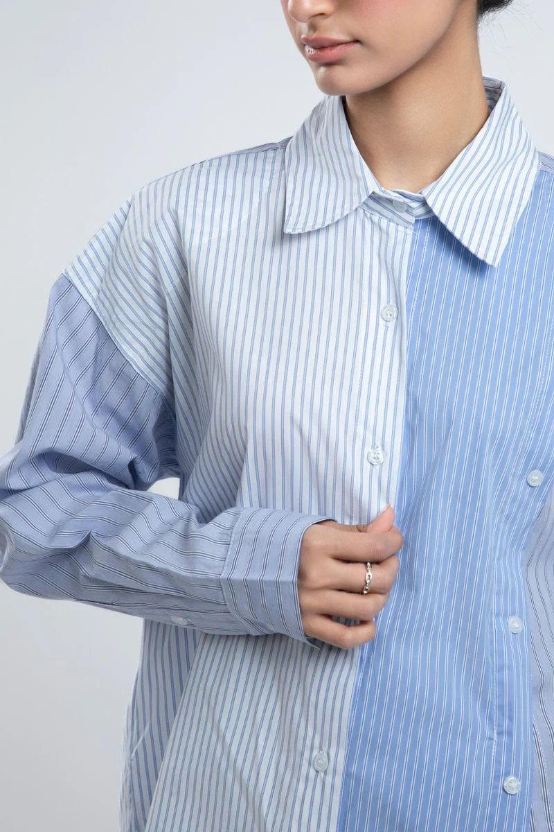 قميص نسائي واسع بأكمام طويلة ونقشة مخططة متعددة الألوان - Image 4