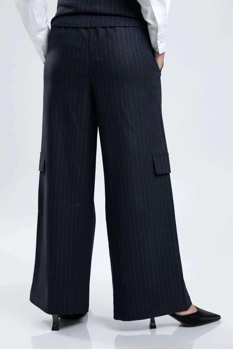 بنطلون نسائي واسع الأرجل بنقشة مخططة وجيب بطية جانبي - Image 3